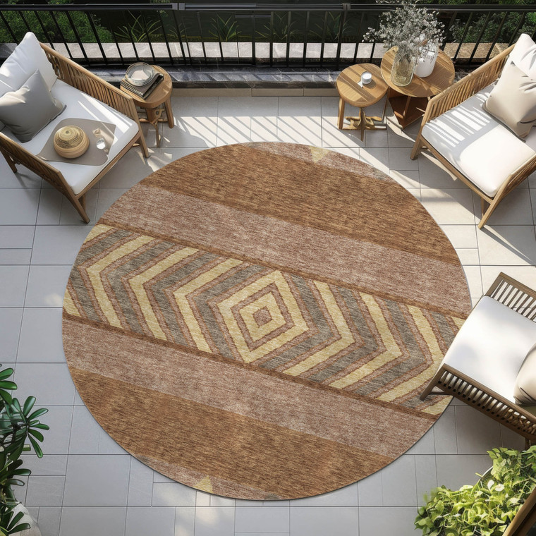 8' Orange Wheat And Taupe Round Southwestern Washable Indoor Outdoor Area Rug
