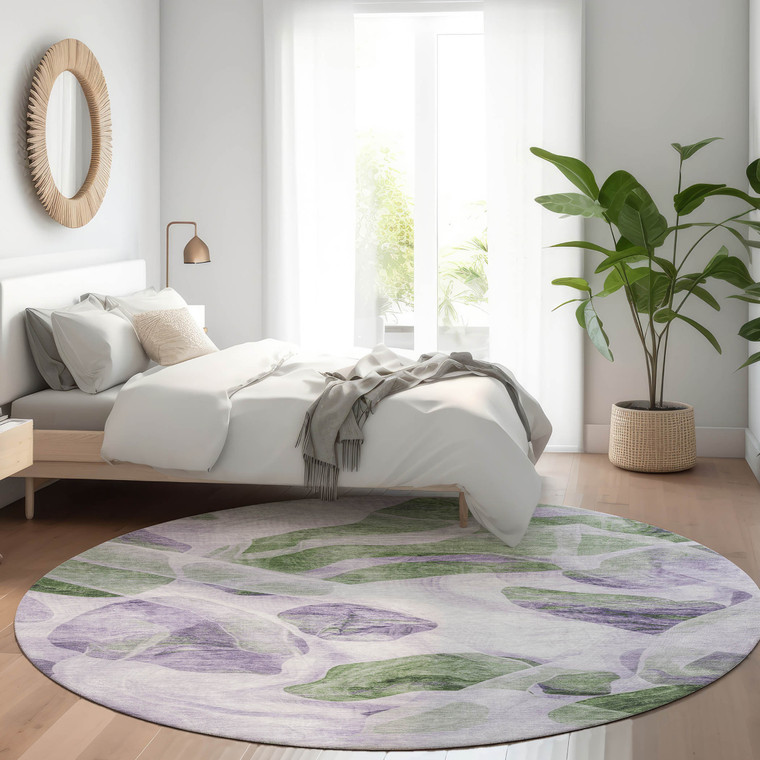 8' Lavender And Green Round Abstract Washable Indoor Outdoor Area Rug