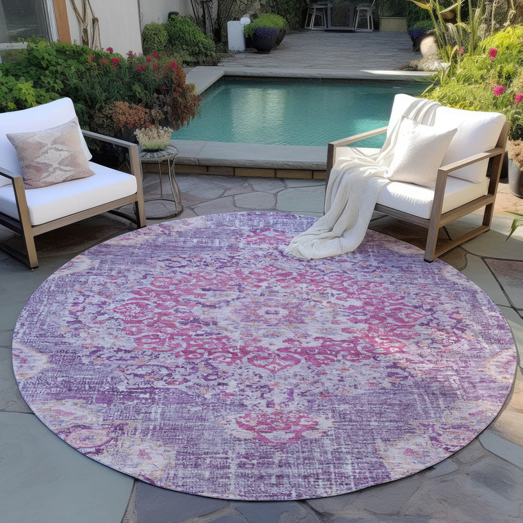 8' Purple Round Floral Medallion Washable Indoor Outdoor Area Rug