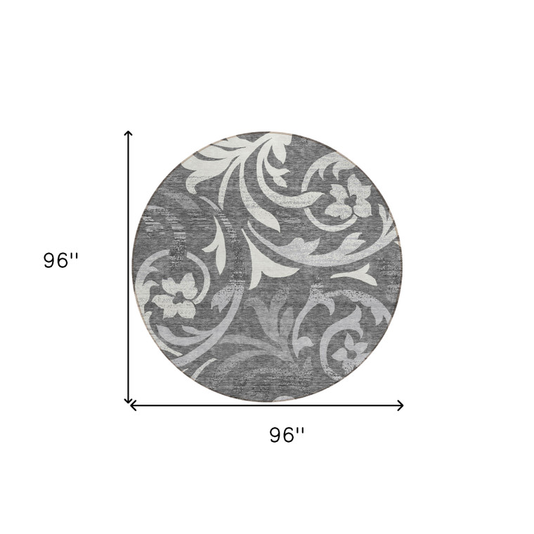 8' Charcoal Silver And Gray Round Floral Washable Indoor Outdoor Area Rug