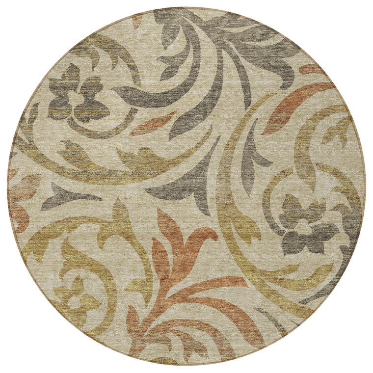8' Beige Taupe And Copper Round Floral Washable Indoor Outdoor Area Rug