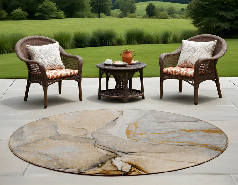 8' Round Beige Round Abstract Washable Non Skid Indoor Outdoor Area Rug