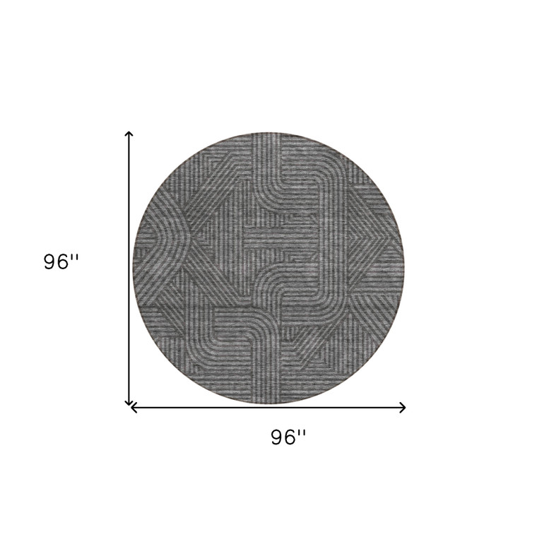 8' Charcoal And Gray Round Abstract Washable Indoor Outdoor Area Rug