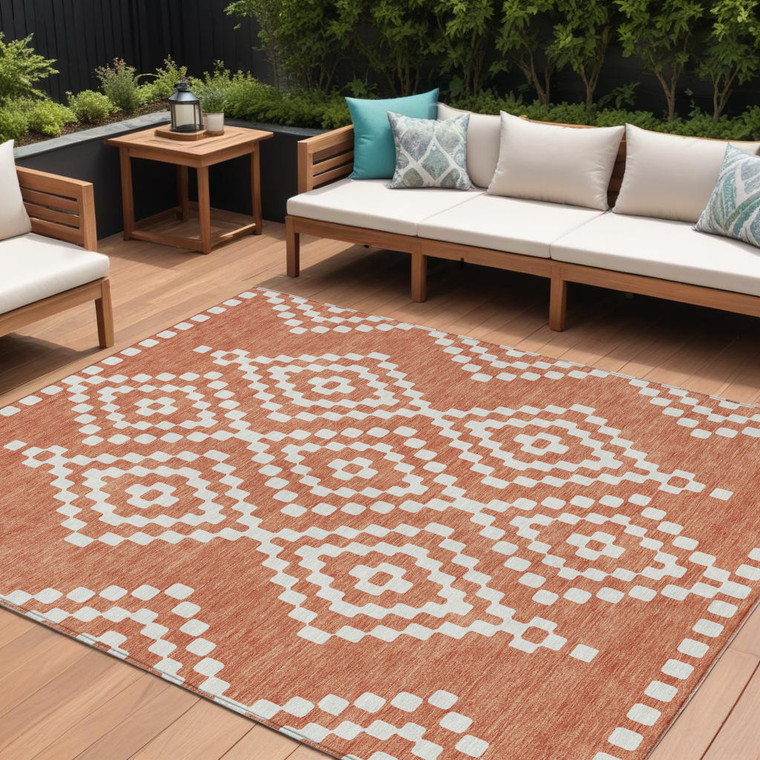 10' X 14' Salmon And Ivory Geometric Washable Indoor Outdoor Area Rug - 608219119225