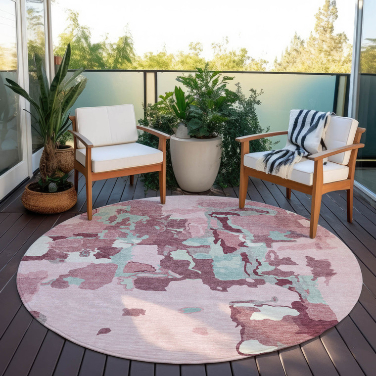 8' Pink And Gray Round Abstract Washable Indoor Outdoor Area Rug - Pink, Gray