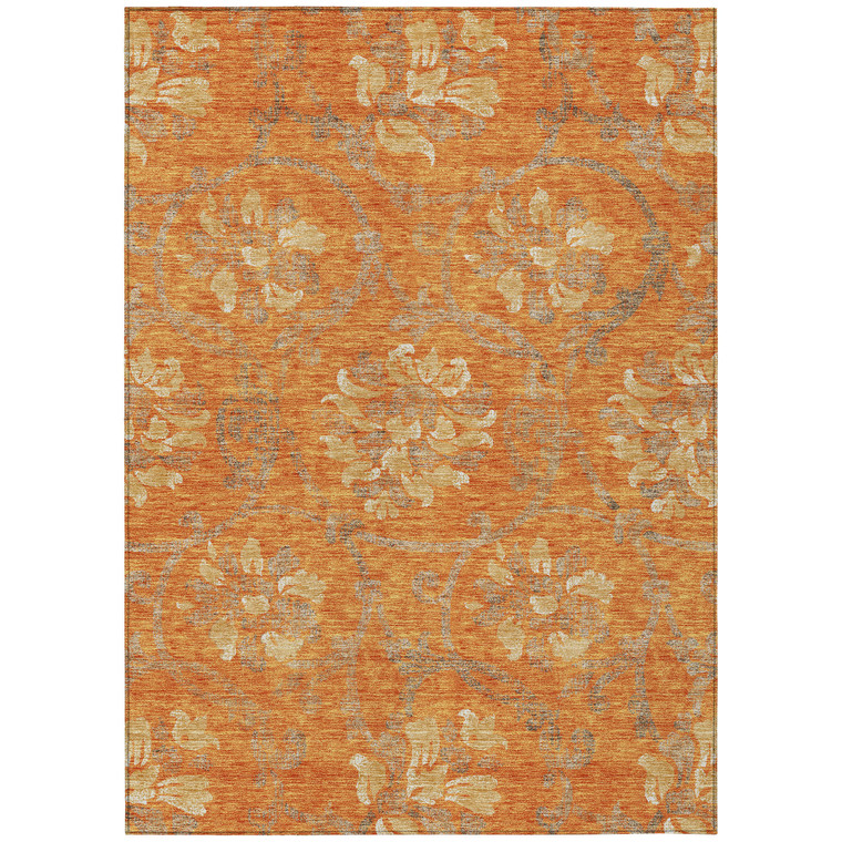 8' X 10' Orange Gray And Beige Floral Washable Indoor Outdoor Area Rug