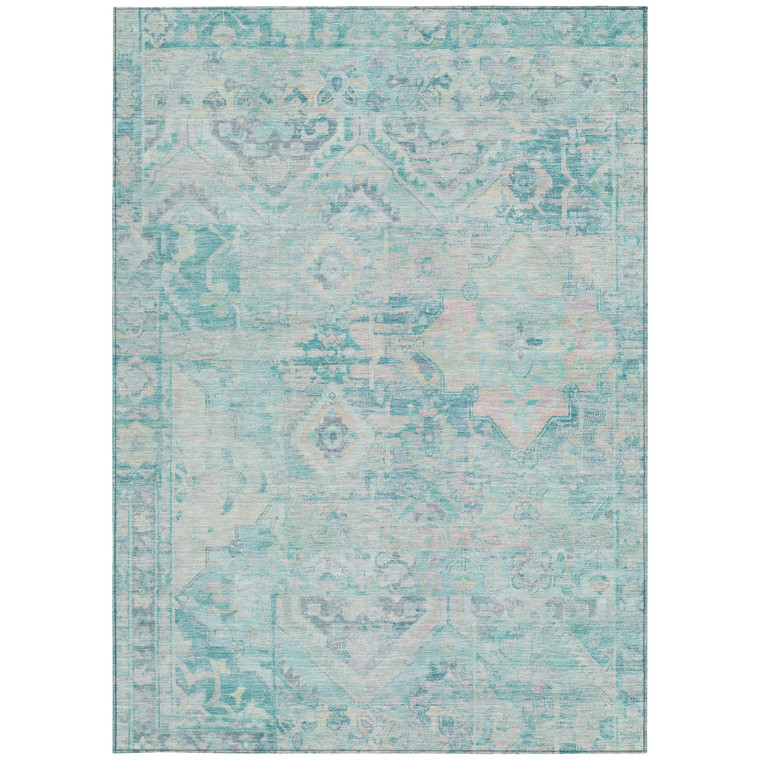 8' X 10' Teal Blue And Pink Floral Medallion Washable Indoor Outdoor Area Rug