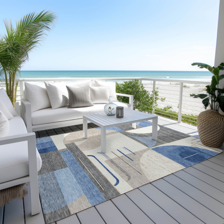 8' X 10' Blue Gray And Ivory Geometric Washable Indoor Outdoor Area Rug