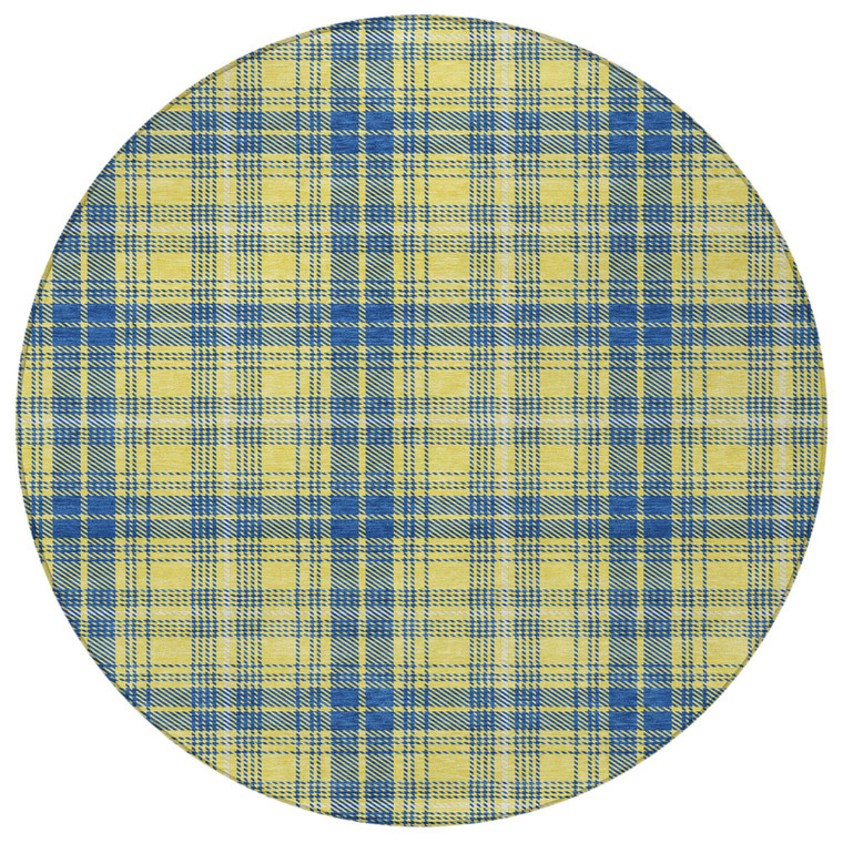 8' Yellow Blue And Ivory Round Plaid Washable Indoor Outdoor Area Rug