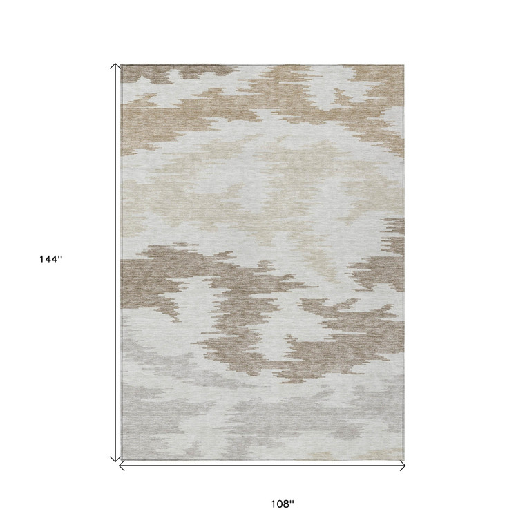9' X 12' Ivory Beige And Brown Abstract Washable Indoor Outdoor Area Rug