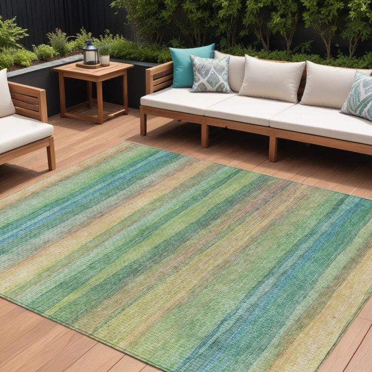 8' X 10' Artichoke Green Peach And Teal Blue Striped Washable Indoor Outdoor Area Rug