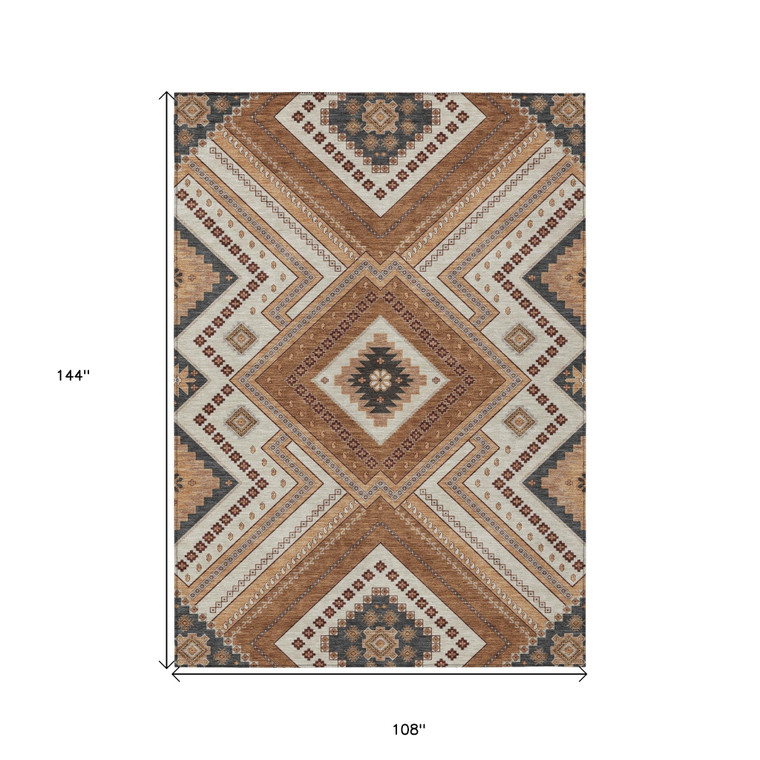 9' X 12' Copper Brown And Beige Tribal Washable Indoor Outdoor Area Rug
