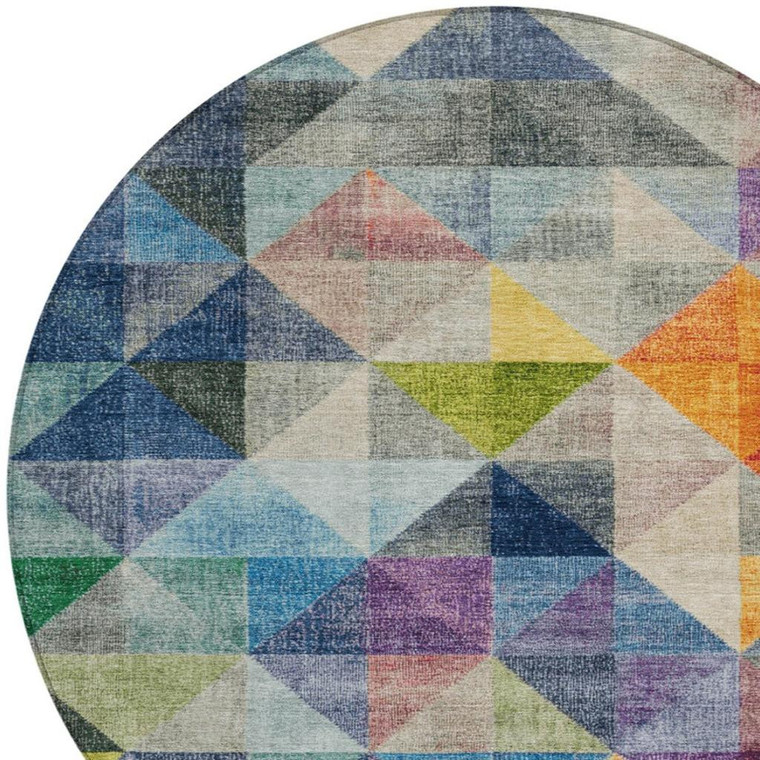 8' Beige Navy Blue And Orange Round Geometric Washable Indoor Outdoor Area Rug