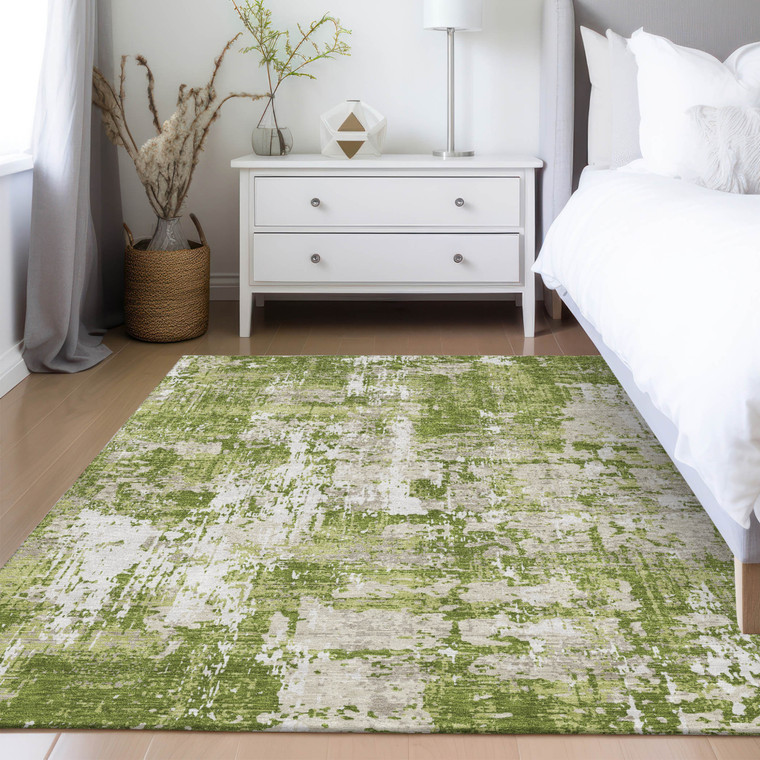 9' X 12' Green And Ivory Abstract Washable Indoor Outdoor Area Rug - 608219207618