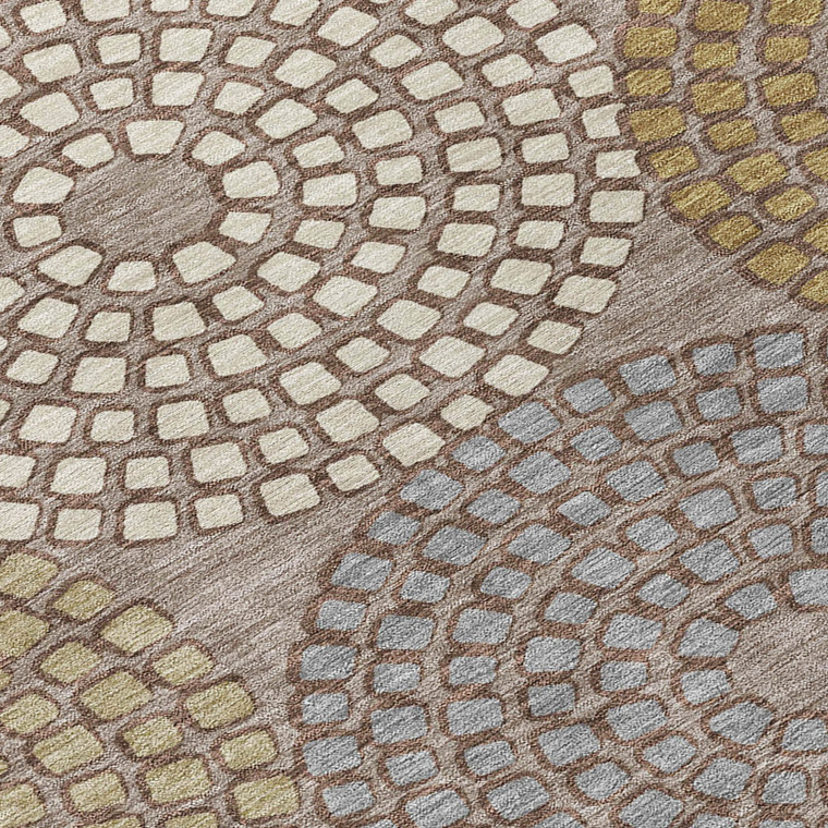 8' Taupe Beige And Green Round Geometric Washable Indoor Outdoor Area Rug