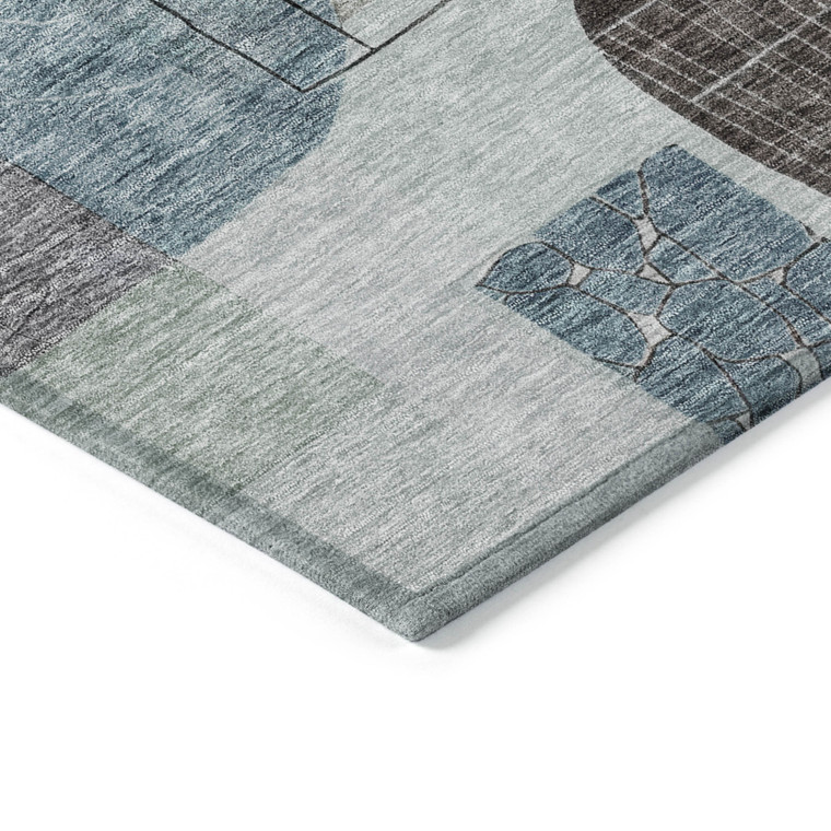 9' X 12' Teal Blue Gray And Charcoal Abstract Washable Indoor Outdoor Area Rug - Teal Blue, Gray, Charcoal