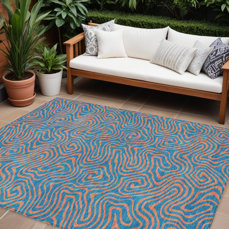 10' X 14' Teal Blue And Pink Abstract Washable Indoor Outdoor Area Rug
