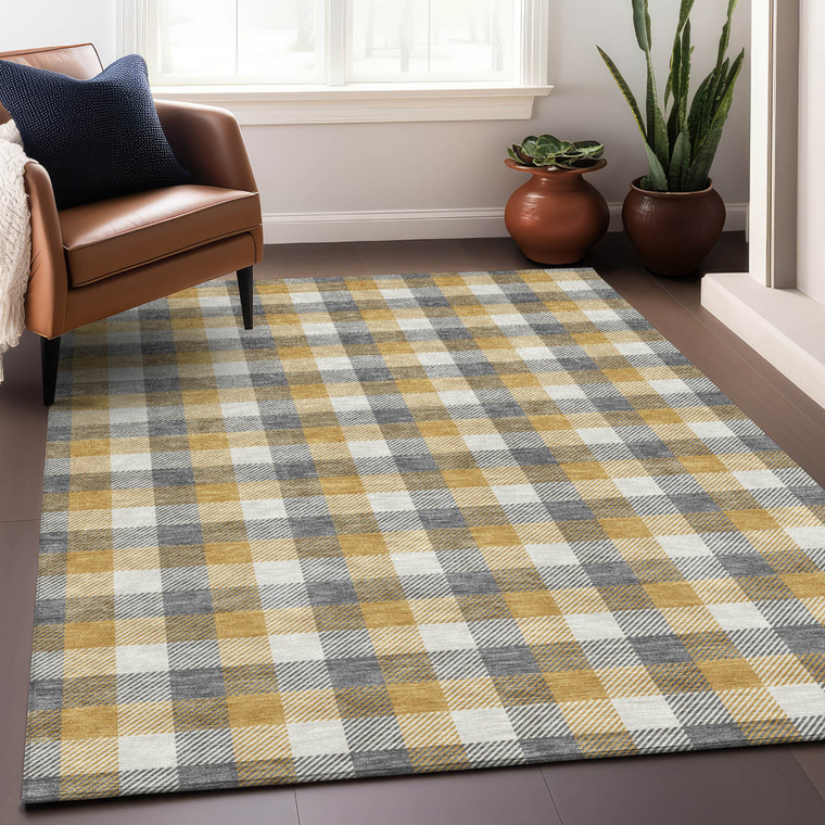 10' X 14' Gray Tan And Beige Plaid Washable Indoor Outdoor Area Rug