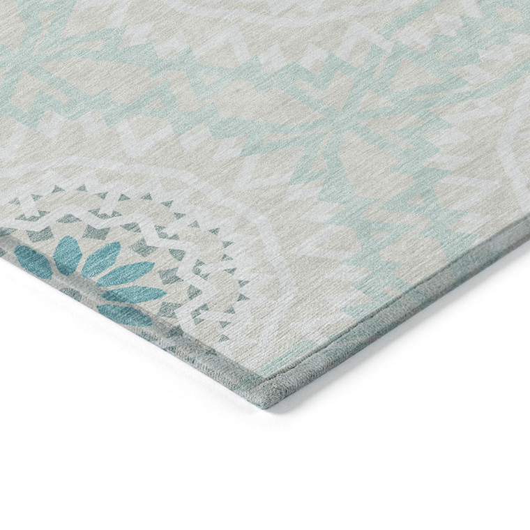 9' X 12' Teal Blue Beige And Ivory Floral Medallion Washable Indoor Outdoor Area Rug