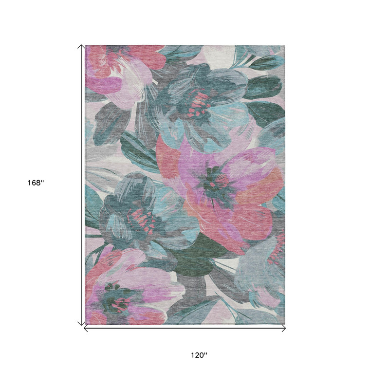 10' X 14' Teal Blue And Aqua Floral Washable Indoor Outdoor Area Rug Transitional Style - Teal Blue, Aqua Color