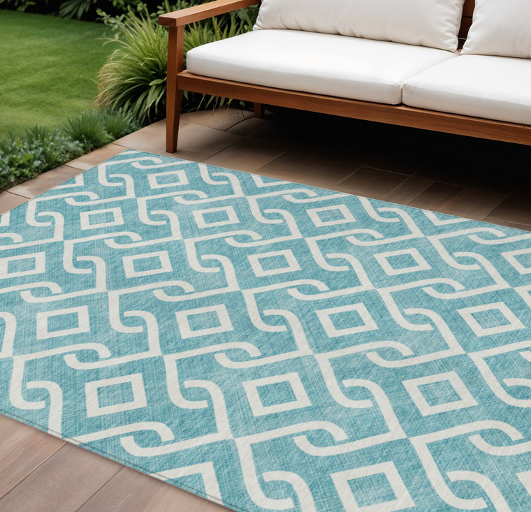 8' X 10' Teal Blue And Ivory Geometric Washable Indoor Outdoor Area Rug - Teal Blue, Ivory