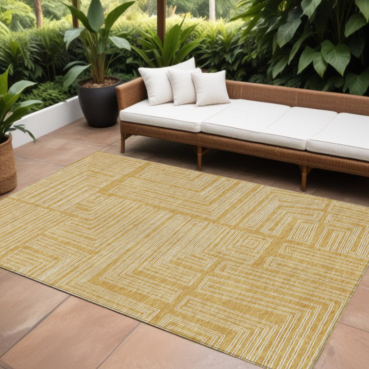 10' X 14' Gold And Ivory Geometric Washable Indoor Outdoor Area Rug - 608219115715
