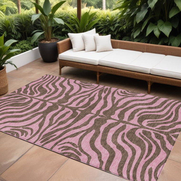 9' X 12' Brown And Pink Animal Print Washable Indoor Outdoor Area Rug