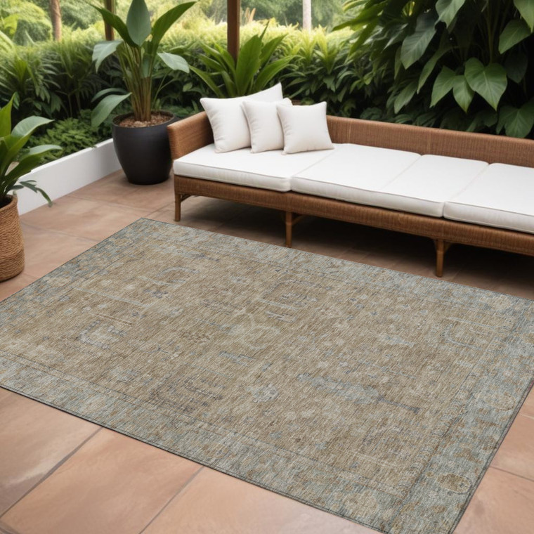 10' X 14' Tan Gray And Brown Oriental Washable Indoor Outdoor Area Rug