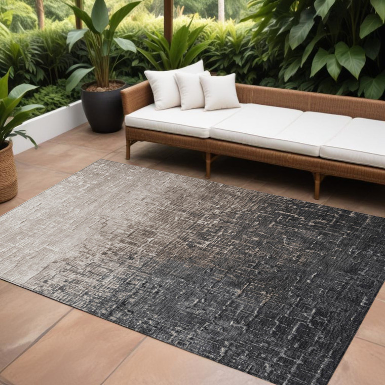 8' X 10' Khaki And Dark Gray Ombre Washable Indoor Outdoor Area Rug