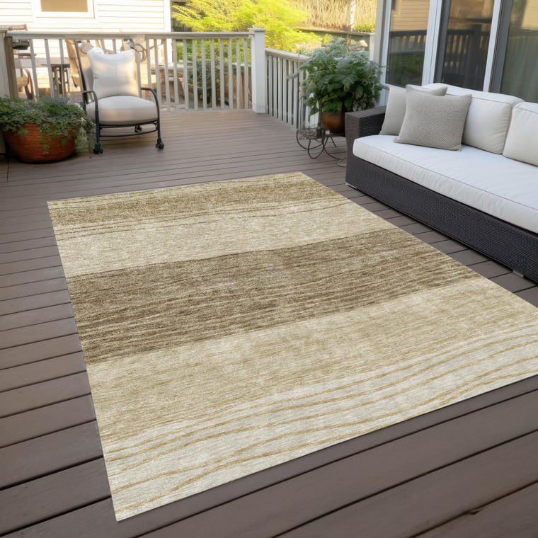 10' X 14' Beige Brown And Taupe Striped Washable Indoor Outdoor Area Rug