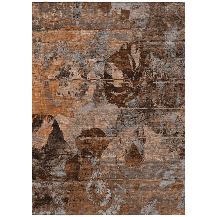8' X 10' Brown Terracotta and Gray Floral Washable Non Skid Indoor Outdoor Area Rug - Brown, Gray