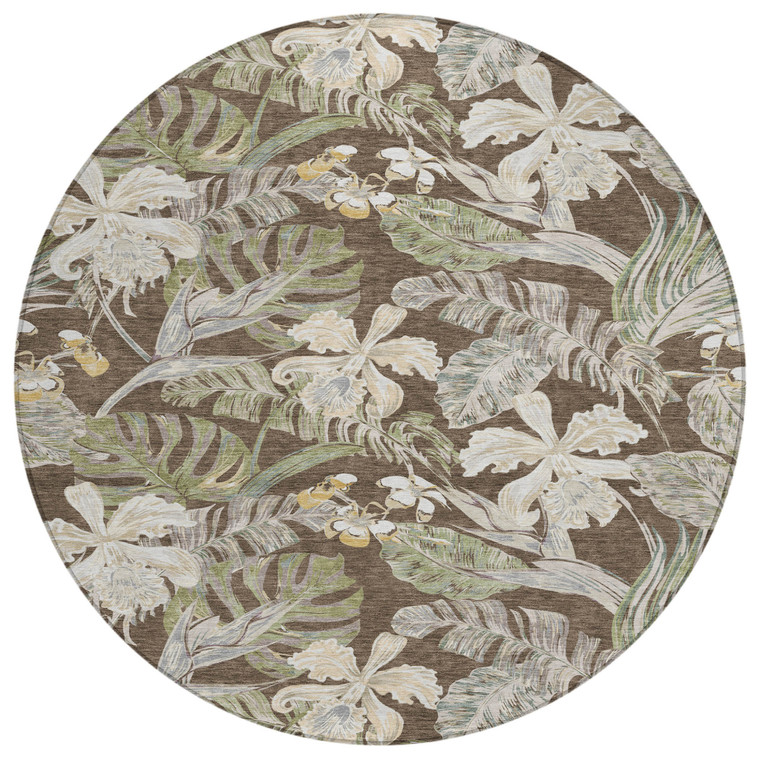 8' Brown Beige And Olive Green Round Botanical Leaves Washable Indoor Outdoor Area Rug