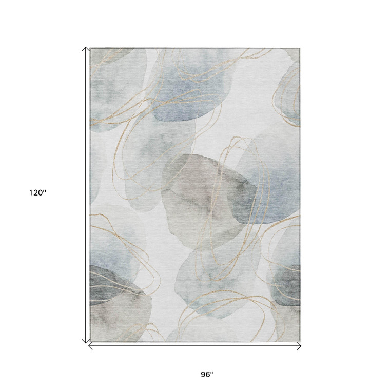 8' X 10' Ivory Blue And Gray Abstract Washable Indoor Outdoor Area Rug - Ivory, Blue, Gray