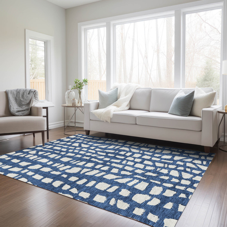 8' X 10' Navy Blue And Ivory Abstract Washable Indoor Outdoor Area Rug - Navy Blue, Ivory