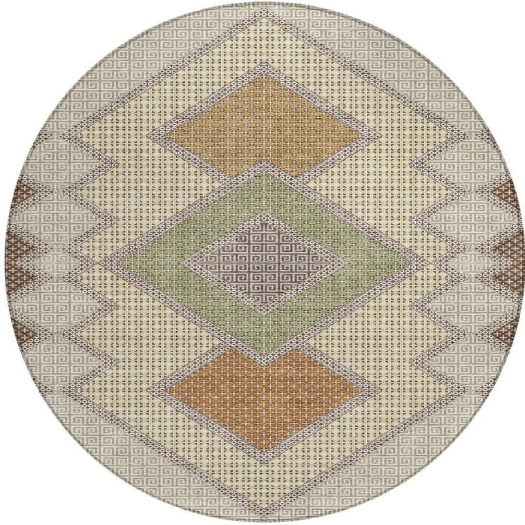 8' Brown Copper And Fern Green Round Geometric Washable Indoor Outdoor Area Rug