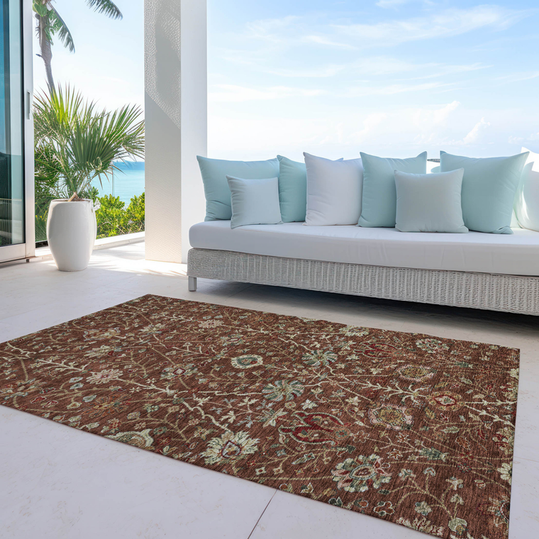 9' X 12' Brown Tan And Red Floral Washable Indoor Outdoor Area Rug
