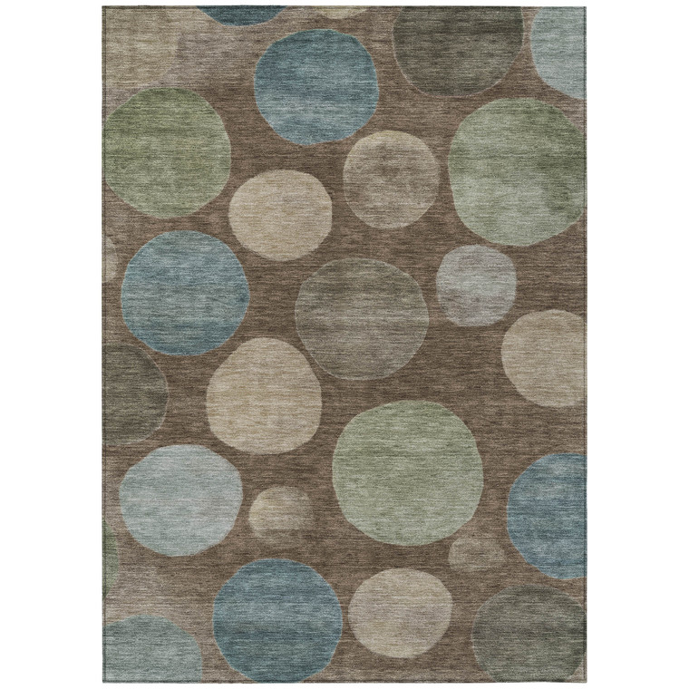 9' X 12' Chocolate Fern Green And Teal Blue Geometric Washable Indoor Outdoor Area Rug