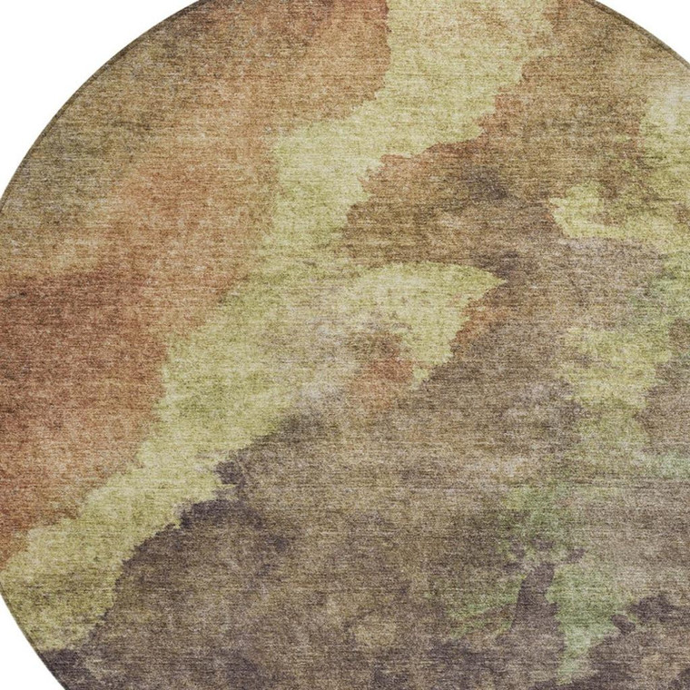 8' Brown And Fern Green Round Abstract Washable Indoor Outdoor Area Rug