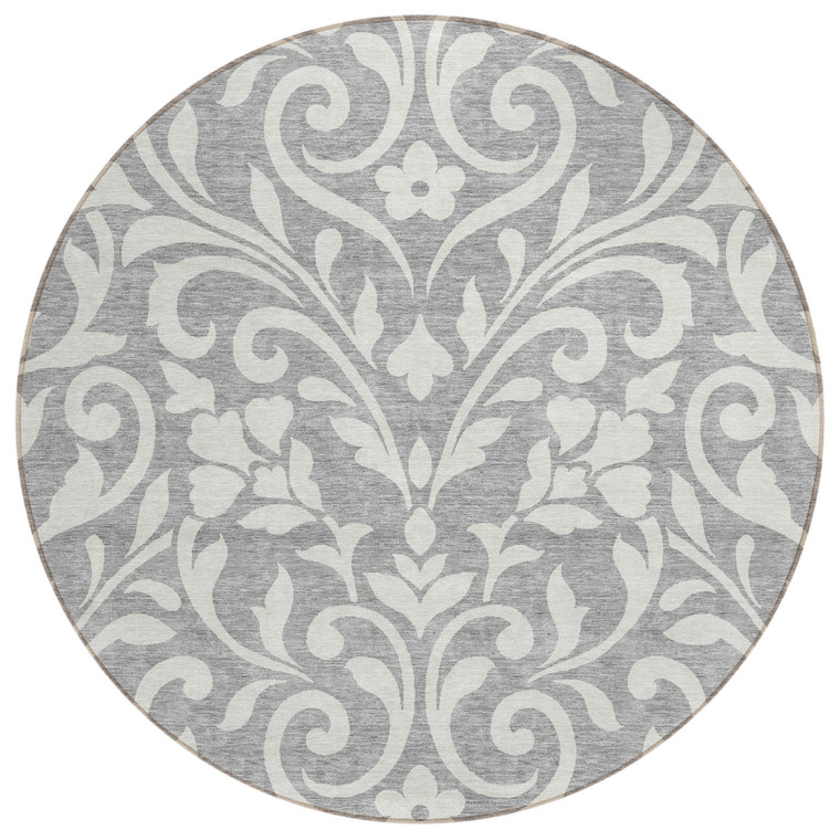 8' Gray And Ivory Round Floral Washable Indoor Outdoor Area Rug
