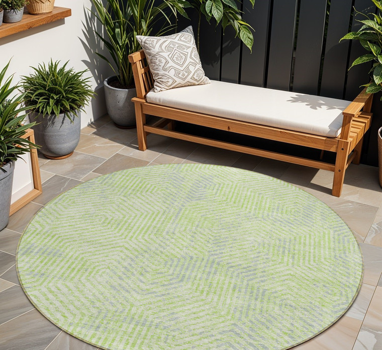 8' Lime Green Gray And Ivory Round Geometric Washable Indoor Outdoor Area Rug