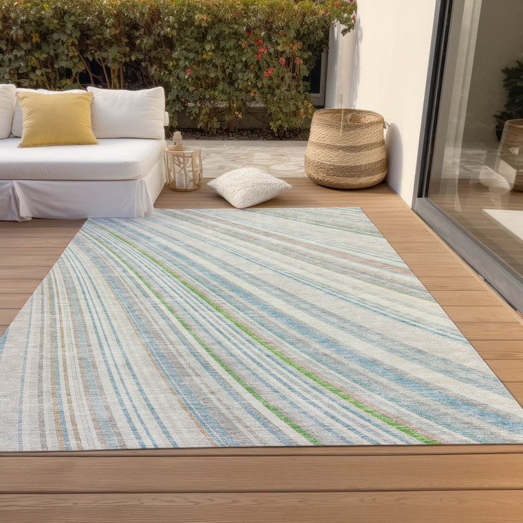 10' X 14' Ivory Blue And Green Striped Washable Indoor Outdoor Area Rug