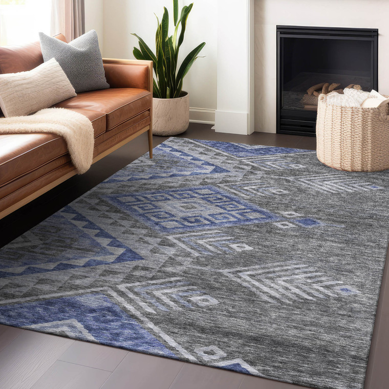 8' X 10' Pewter And Blue Southwestern Washable Indoor Outdoor Area Rug