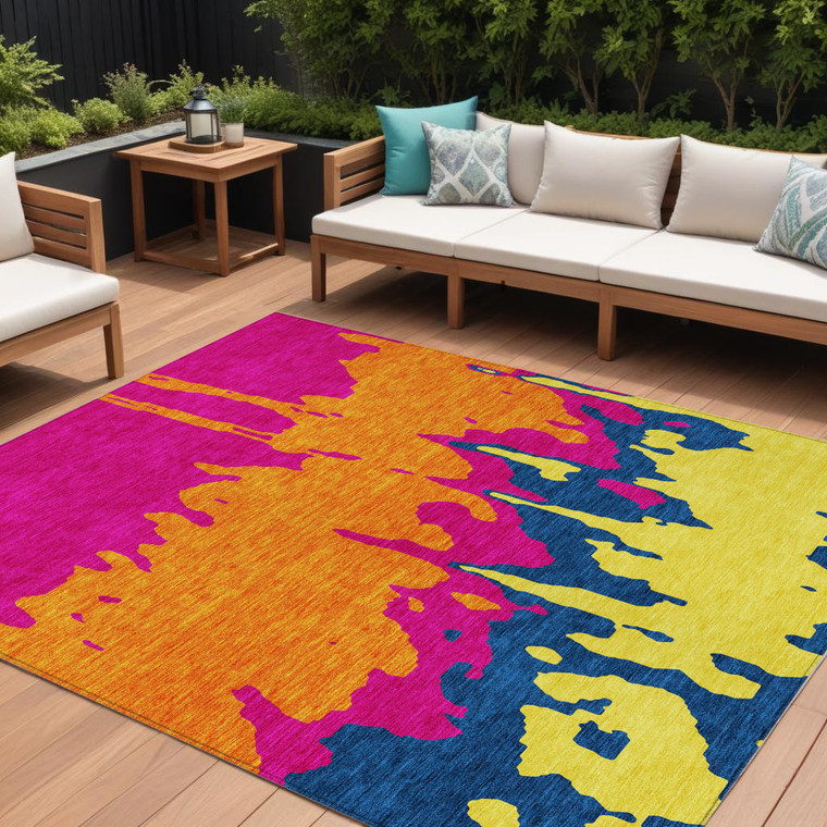 10' X 14' Pink Orange And Blue Abstract Washable Indoor Outdoor Area Rug