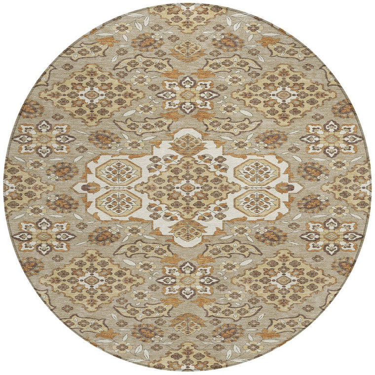 8' Taupe Copper And Beige Round Medallion Washable Indoor Outdoor Area Rug