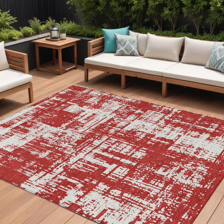 8' X 10' Red And Ivory Abstract Washable Indoor Outdoor Area Rug