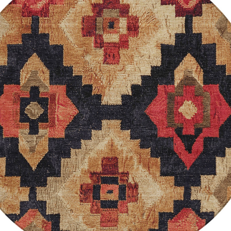 8' Rust And Charcoal Round Aztec Washable Indoor Outdoor Area Rug