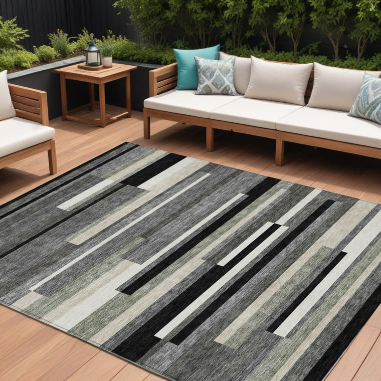 9' X 12' Black Charcoal And Gray Striped Washable Indoor Outdoor Area Rug