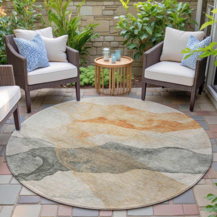 8' Orange And Gray Round Abstract Washable Indoor Outdoor Area Rug