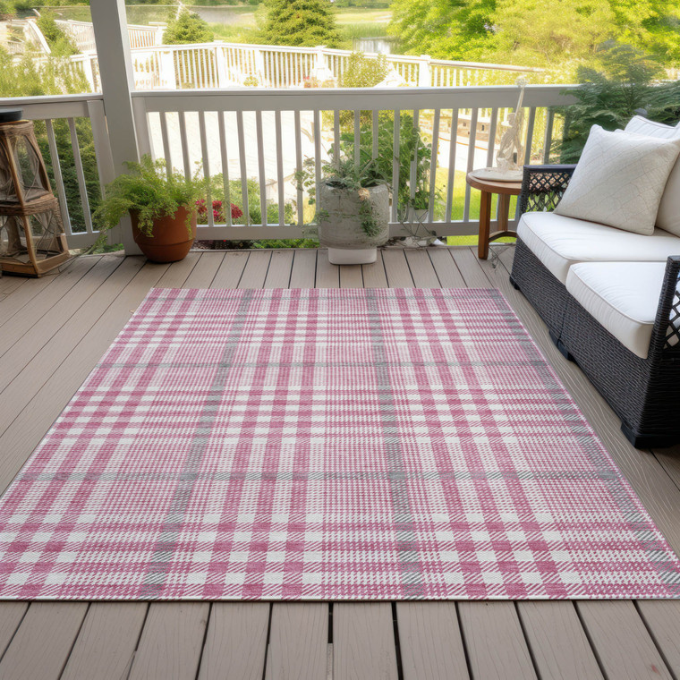 8' X 10' Blush Gray And Ivory Plaid Washable Indoor Outdoor Area Rug