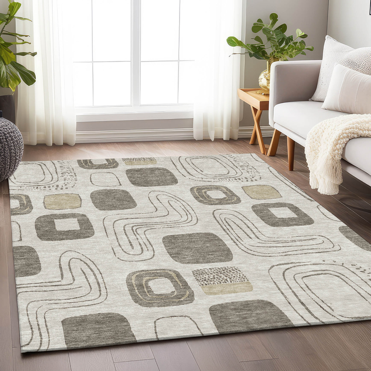 9' X 12' Beige Taupe And Tan Geometric Washable Indoor Outdoor Area Rug